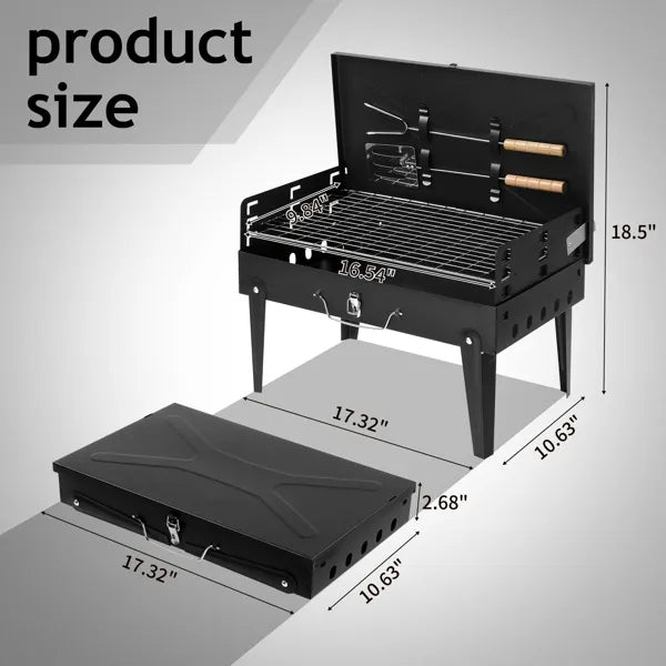 Black portable square charcoal grill with open lid and attached side hooks