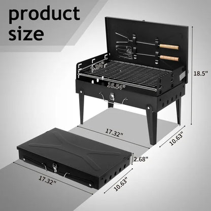 Black portable square charcoal grill with open lid and attached side hooks
