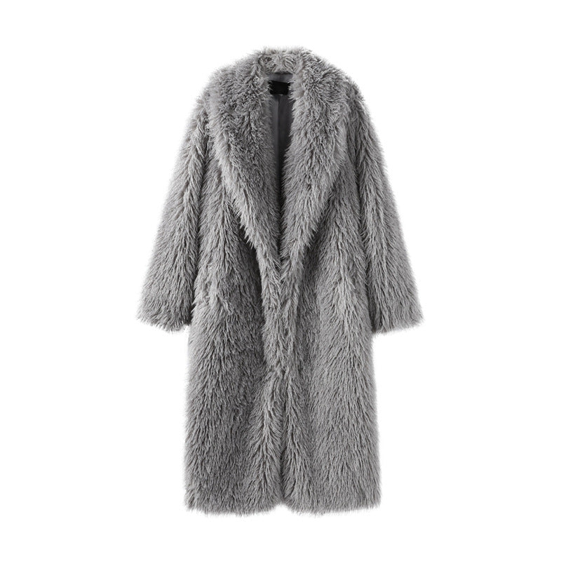 Women’s mid-length faux fur coat, gray, open front with deep V at neckline, long sleeves.