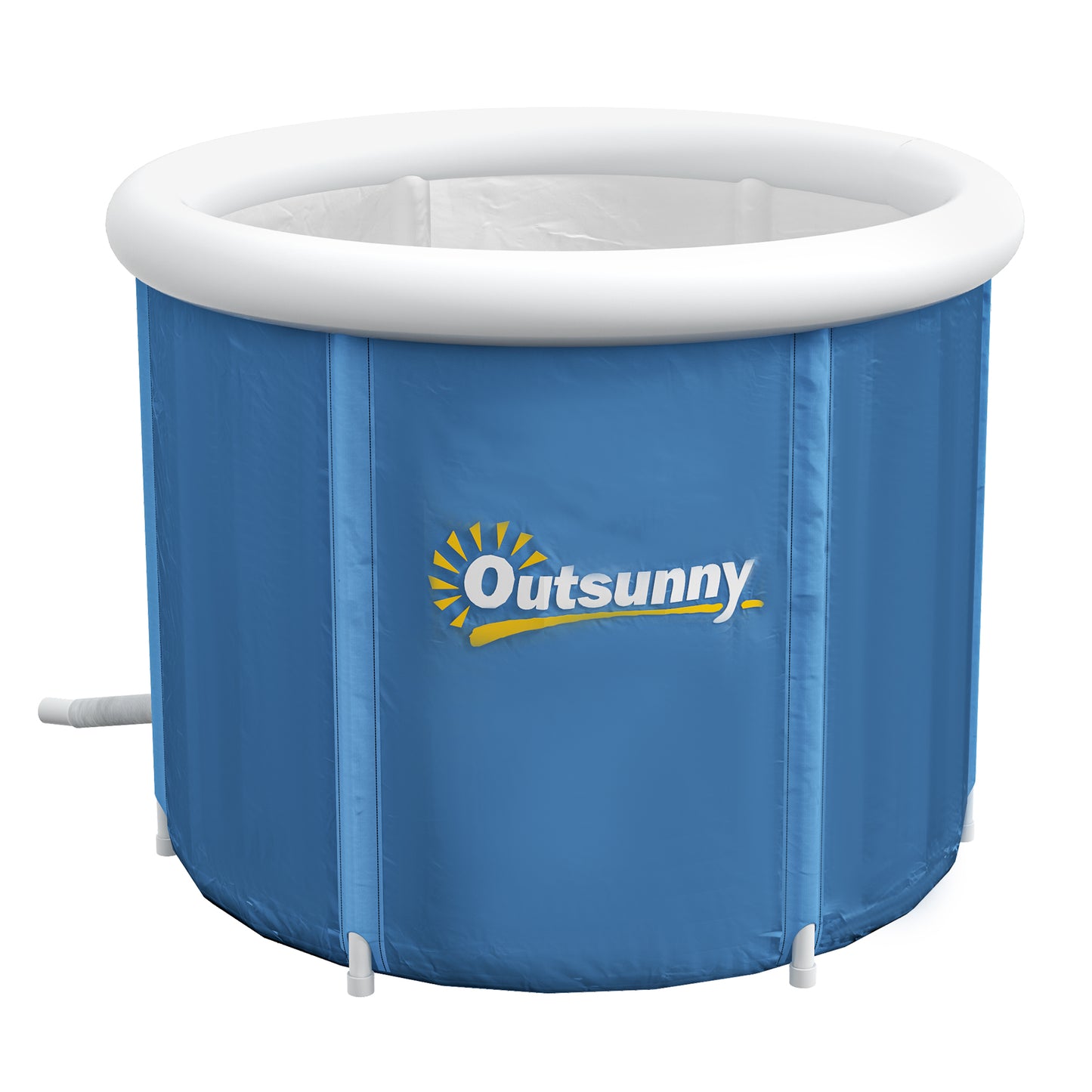 Blue cold plunge tub with white top rim and visible side seams, front view