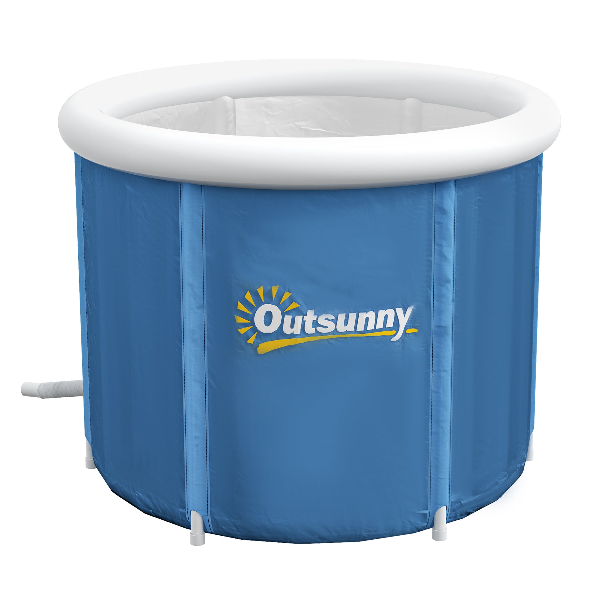Blue cold plunge tub with white top rim and visible side seams, front view