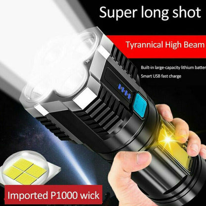 Black tactical LED flashlight with strong beam and blue charging indicator on body