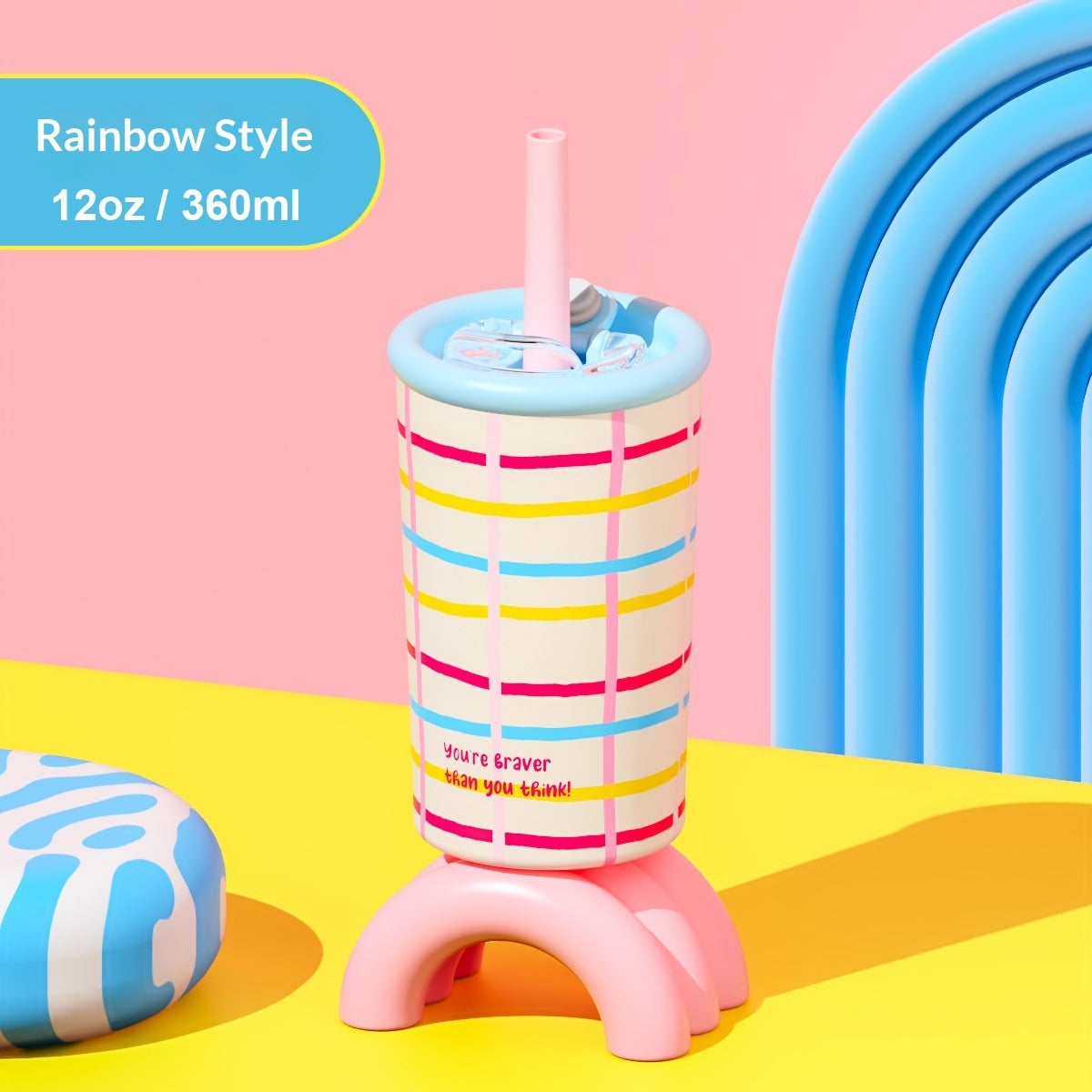 Kids leak-proof water bottle with rainbow stripe print, blue straw, and 360ml capacity