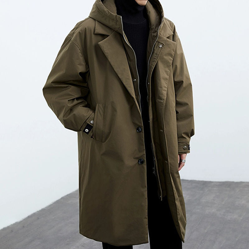 Army green hooded mid-length trench coat with button front and pocket flap details