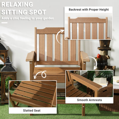 Brown patio dining chair with tall backrest, slatted seat and back, smooth armrests.