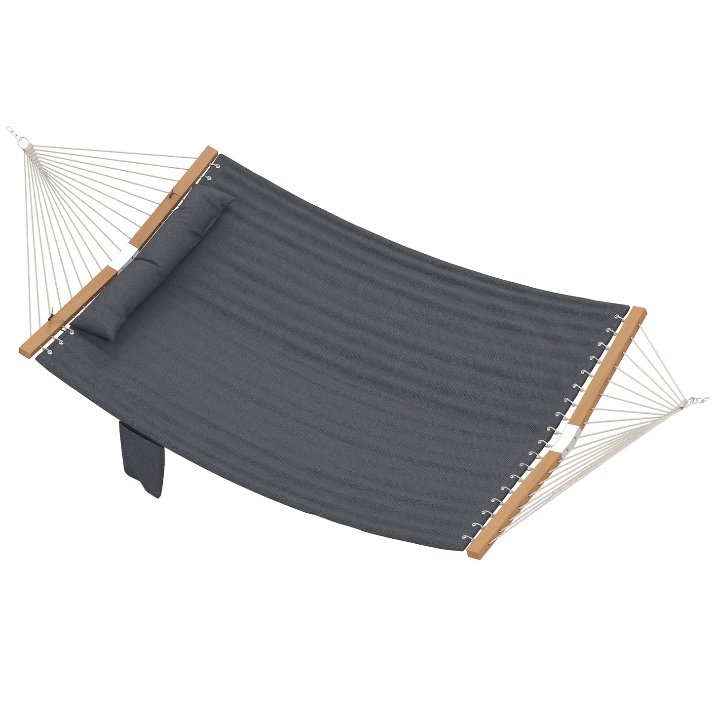 Gray two-person hammock with wood spreader bars and rope suspension, standalone view