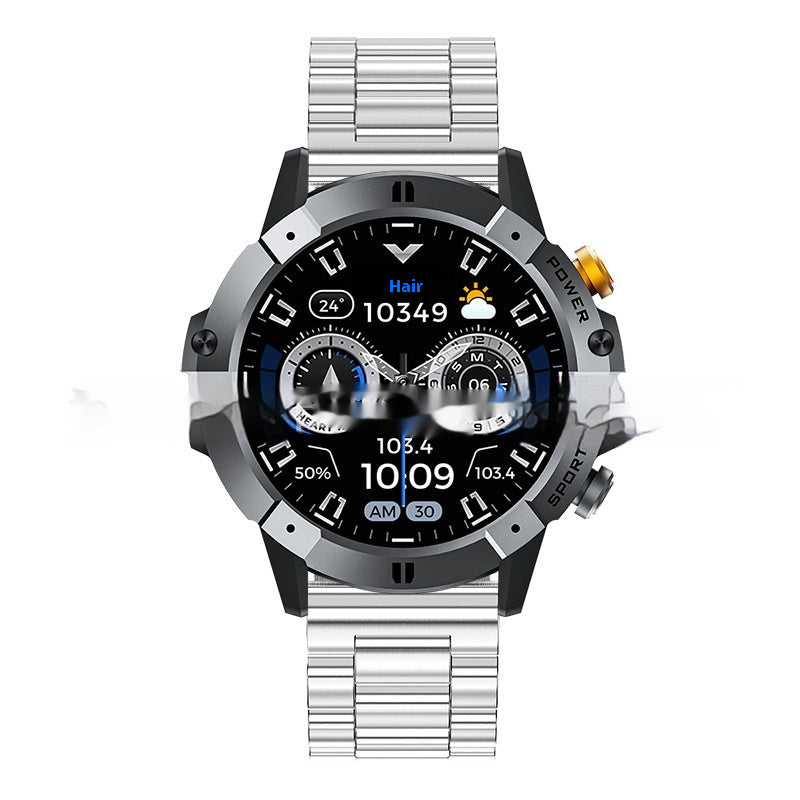 Bluetooth calling smartwatch with dark case and silver link bracelet