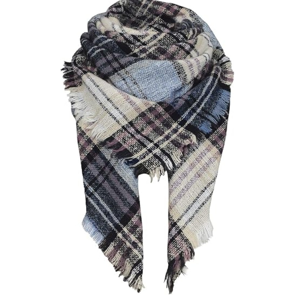 Oversized plaid winter scarf shawl in dark blue, cream, and purple with fringed edges