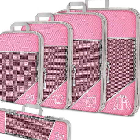 Luggage organizer set with zipper compression bags and shoe bag, pink and gray with icons