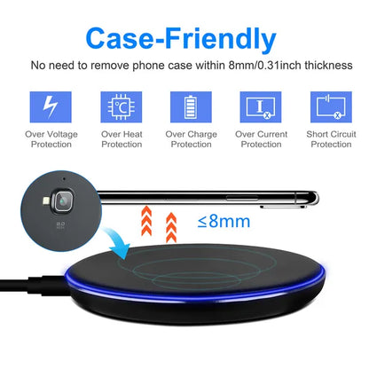 Black wireless charger base with blue light ring and cable connection