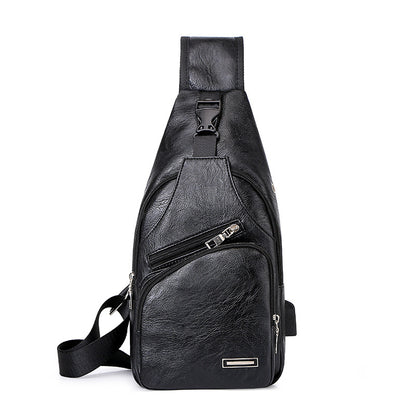 Black chest bag with front zip pocket and rectangular logo plate