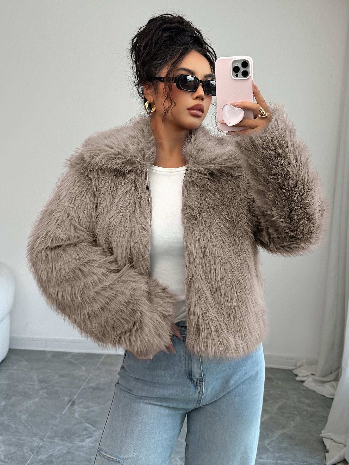 Women’s faux fur long-sleeve overcoat, taupe, fluffy lapels, open front