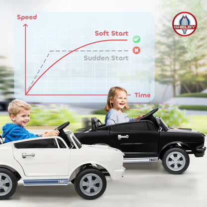 Licensed Ford Shelby GT 350 kids ride-on car, black and white with steering wheel and dashboard