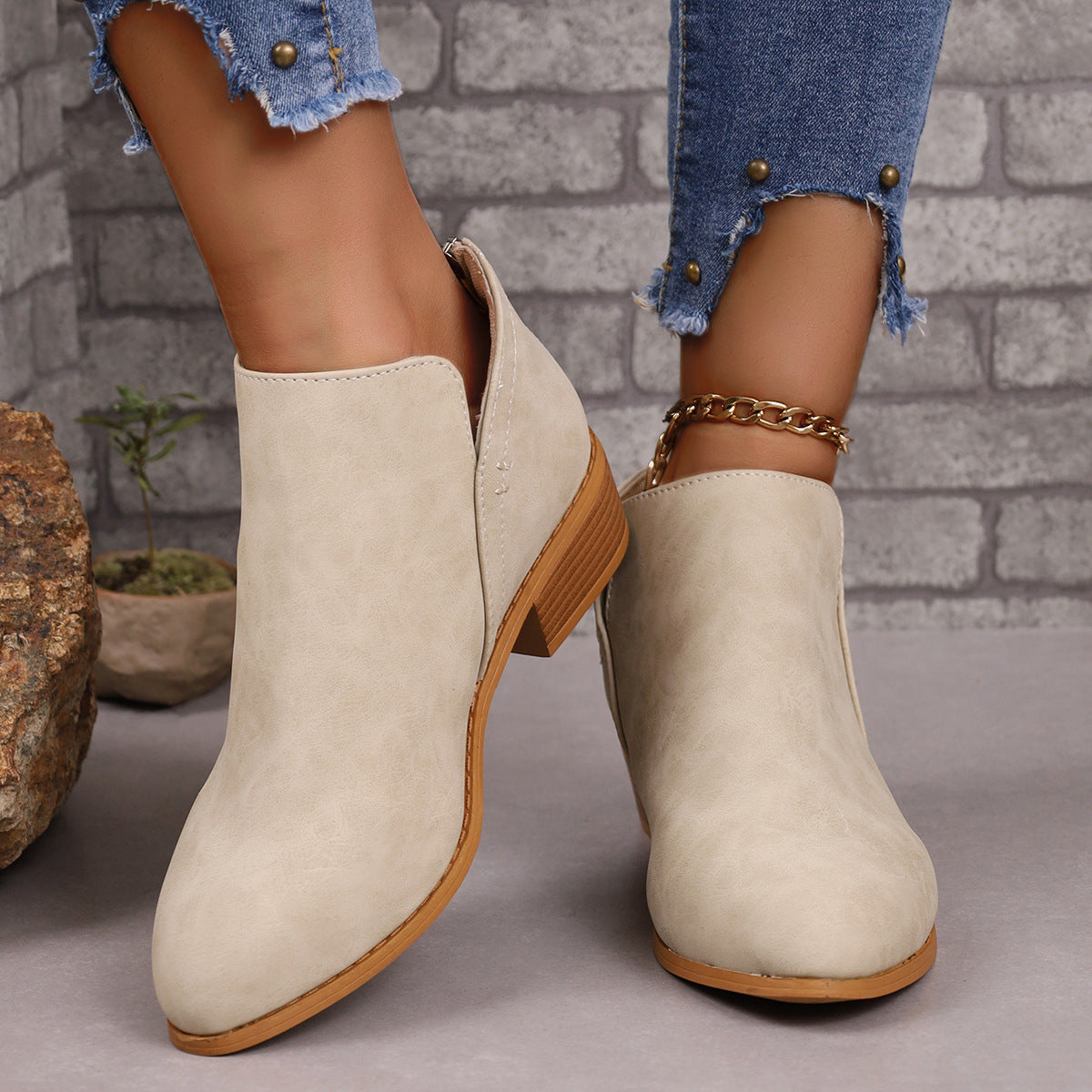 Chunky Heel Pointed Toe Ankle Boots With V-cut Design Fashion Fall Winter Short Boots For Women Shoes Chunky Heel Pointed Toe Ankle Boots With | Ectron Online