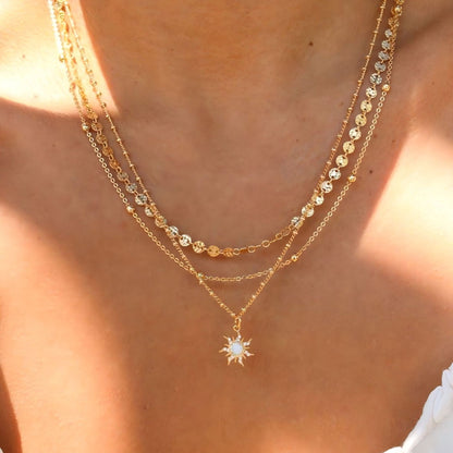 Stainless Steel Rhinestone Four Eight-pointed Stars Pendant Three-layer Necklace