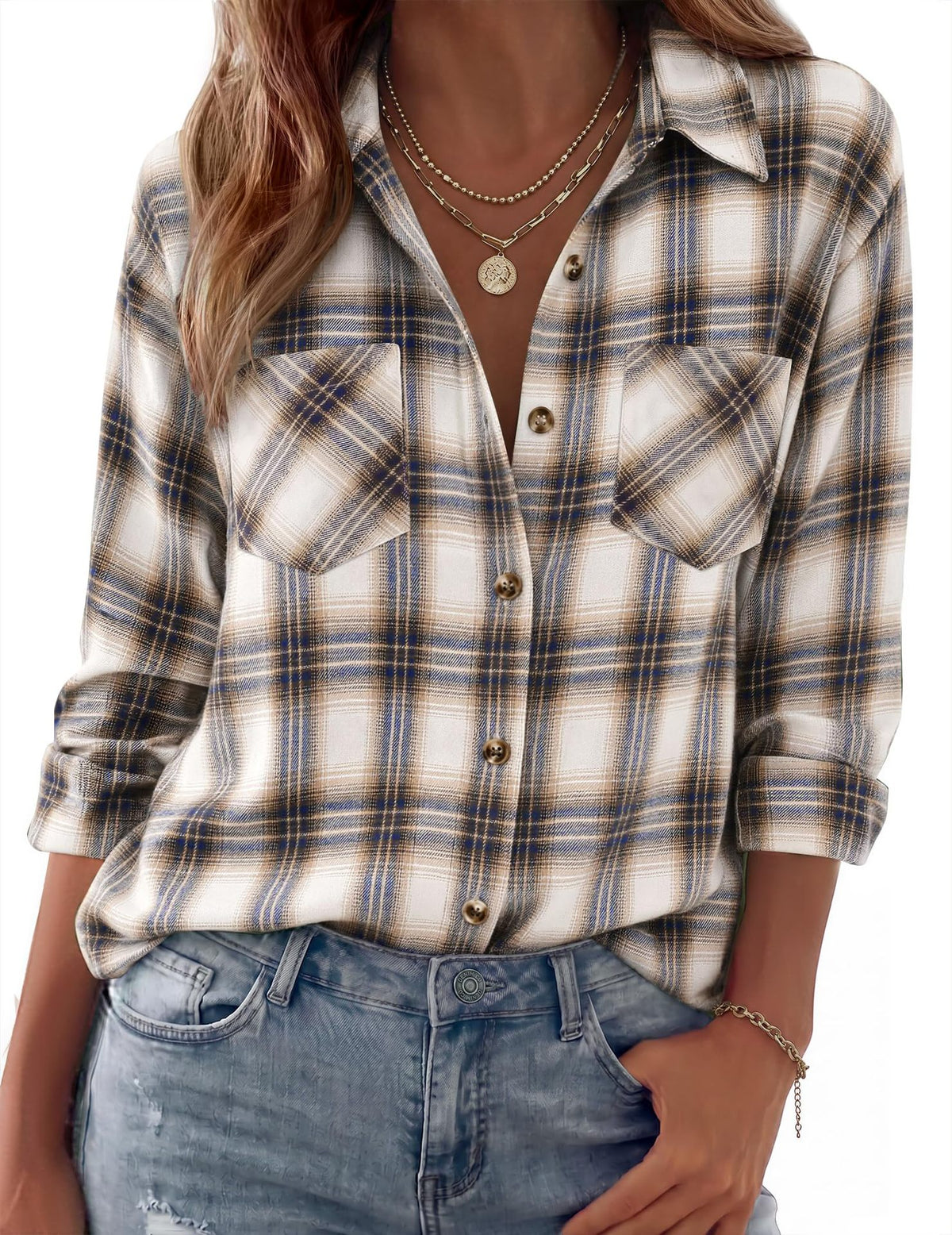 Loose-fit plaid button-up shirt in white with blue and tan checks, chest pockets