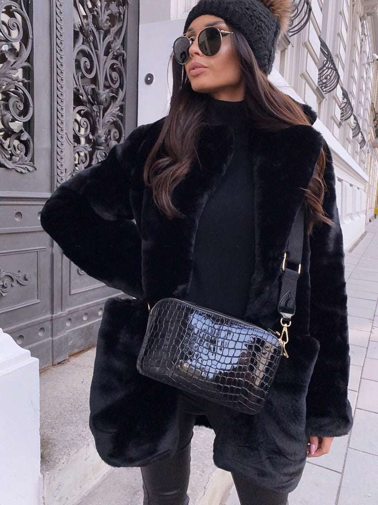 Elegant Long Sleeve Faux Fur Coat for Women Temperament Long Sleeve Lapel Faux Fur C | Ectron Online