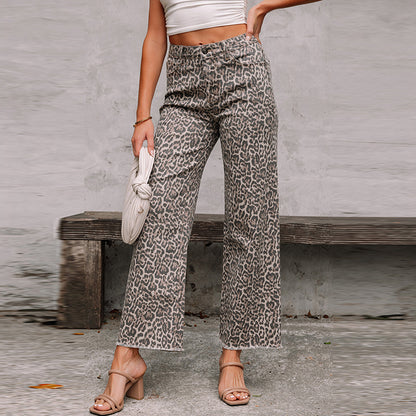 Leopard print high-waist wide-leg jeans, ankle-length hem with button front