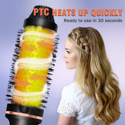 Thermal brush curling iron with rose-gold bristle barrel showing rapid heat-up glow