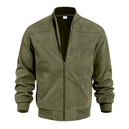 Men’s suede retro jacket in olive green, front view with stand collar and zipper.