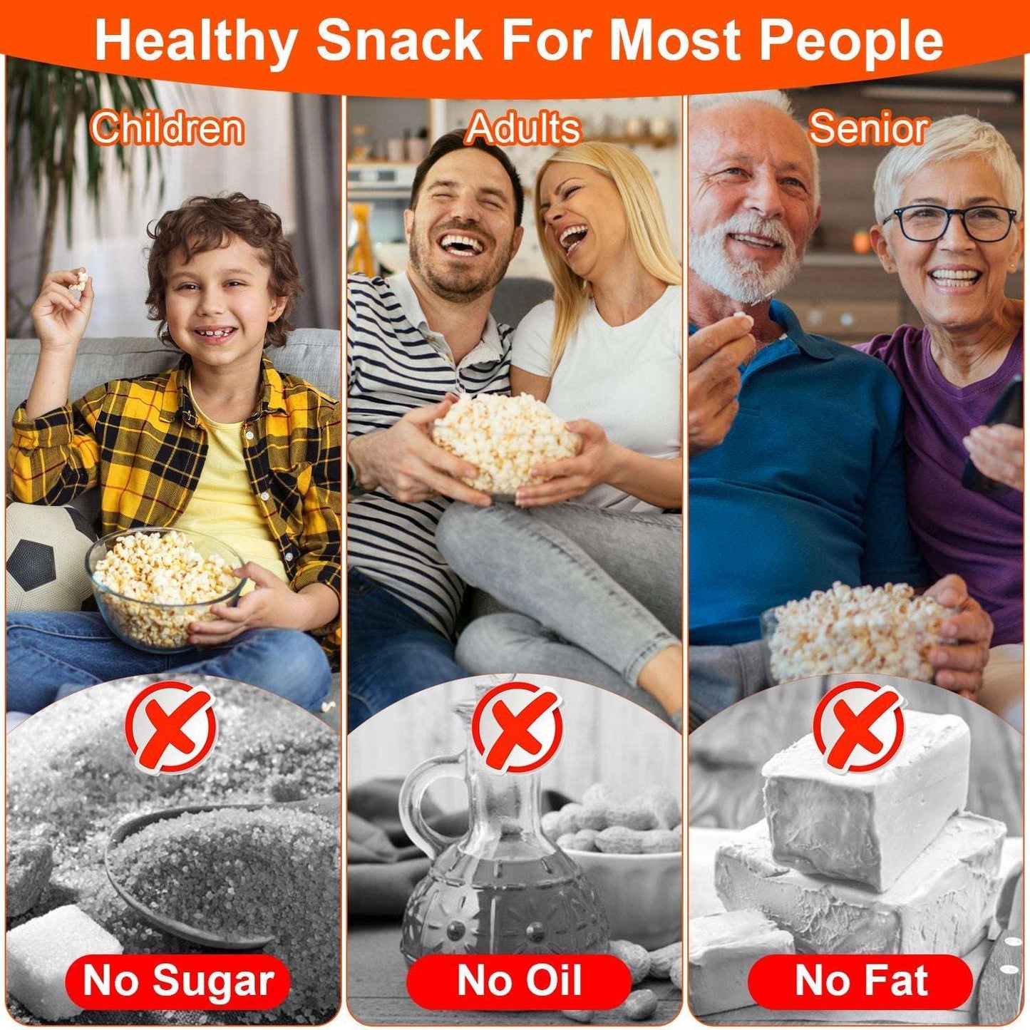 People enjoying popcorn with health benefits highlighted, including no sugar, no oil, and no fat.