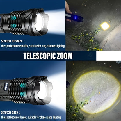 Black flashlight with zoomable head showing bright beam and side control buttons