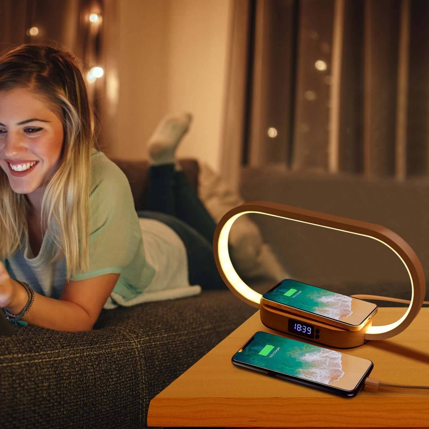 3-in-1 LED Bedside Lamp with Wireless Charging & Clock 1 Set Bedside Table Lamp Touch Control L | Ectron Online
