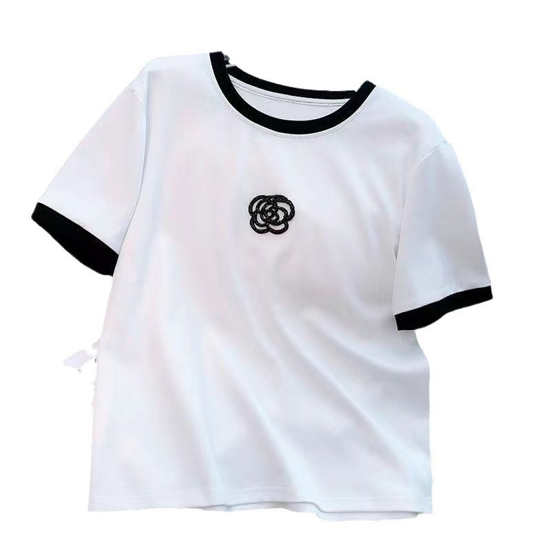Women's wide-leg two-piece set top: white short-sleeve tee with black trim and logo