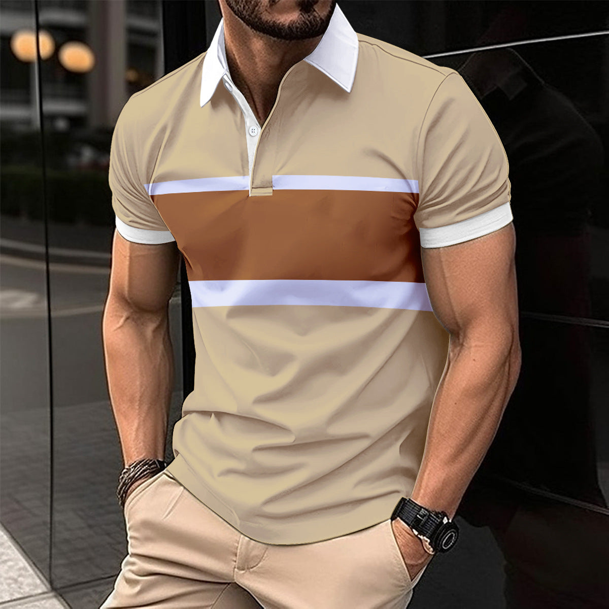 Men’s Striped Polo Shirt – Printed Casual Short Sleeve Top Striped Printed Men's Casual Polo Shirt | Ectron Online