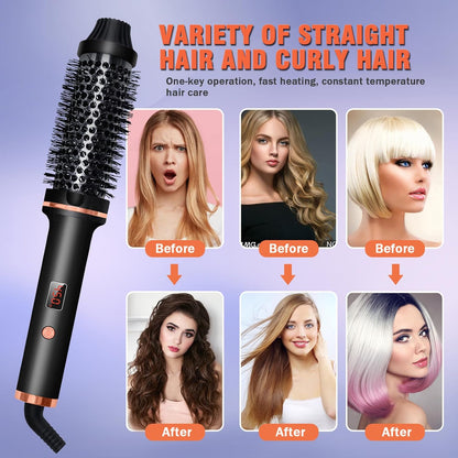 Black thermal brush curling iron with rose-gold bristle barrel and copper accent band