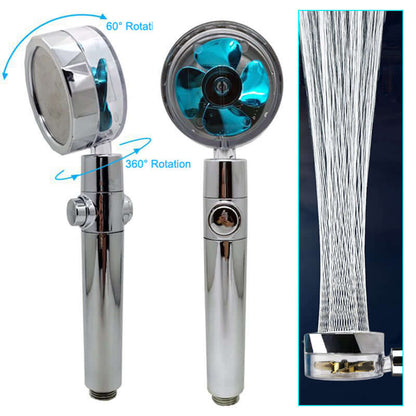 Chrome rotating handheld shower head with blue fan interior