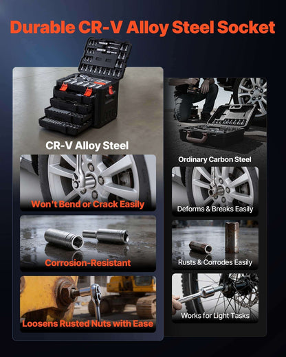 Socket set with black organizer case and shiny sockets arranged in open compartments