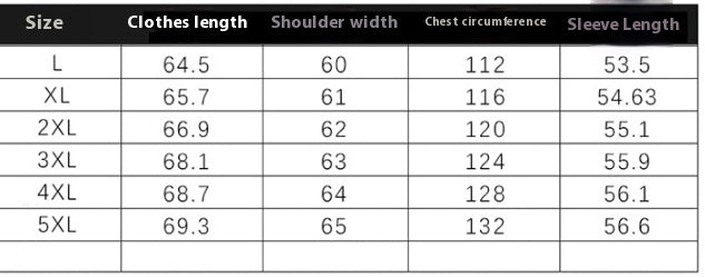 Table displaying measurements for different sizes of clothes including length, shoulder width, chest circumference, and sleeve length.