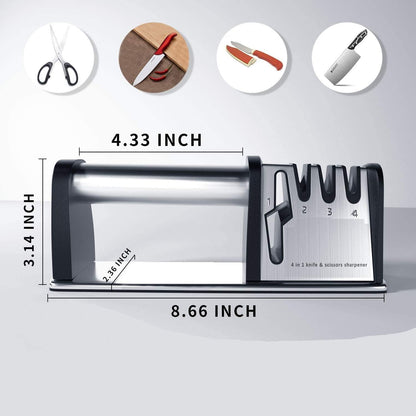 Black and silver sharpening tool with size markings and numbered sharpening slots