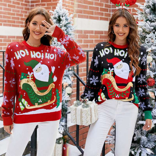 Santa Claus Embroidered Jacquard Knitted Sweater For Women