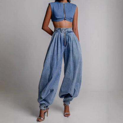 Blue high-waist harem jeans with front zipper, loose legs and cuffed hems