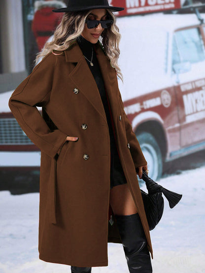 Women's Double-Breasted Woolen Coat | Lace-Up Slim Winter Overcoat Autumn And Winter Solid Color Double Bre | Ectron Online