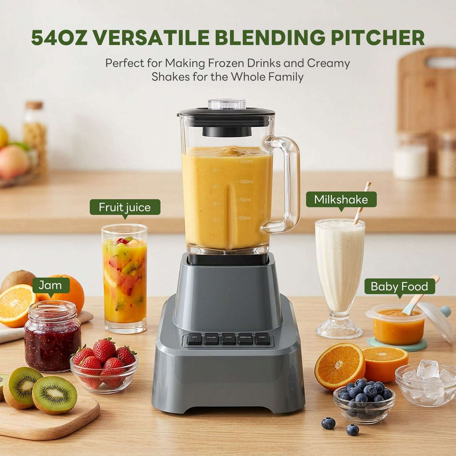 Black blender with clear 54oz jar and lid, with blended drink cups and fruit nearby