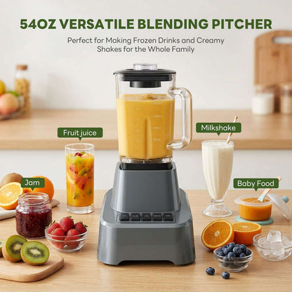 Black blender with clear 54oz jar and lid, with blended drink cups and fruit nearby