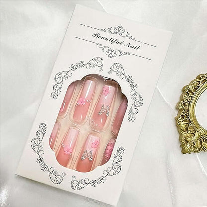 24pcs Flower & Diamond Butterfly Press-On Nails 24 PCS Flower Diamond Butterfly Nail Art | Ectron Online