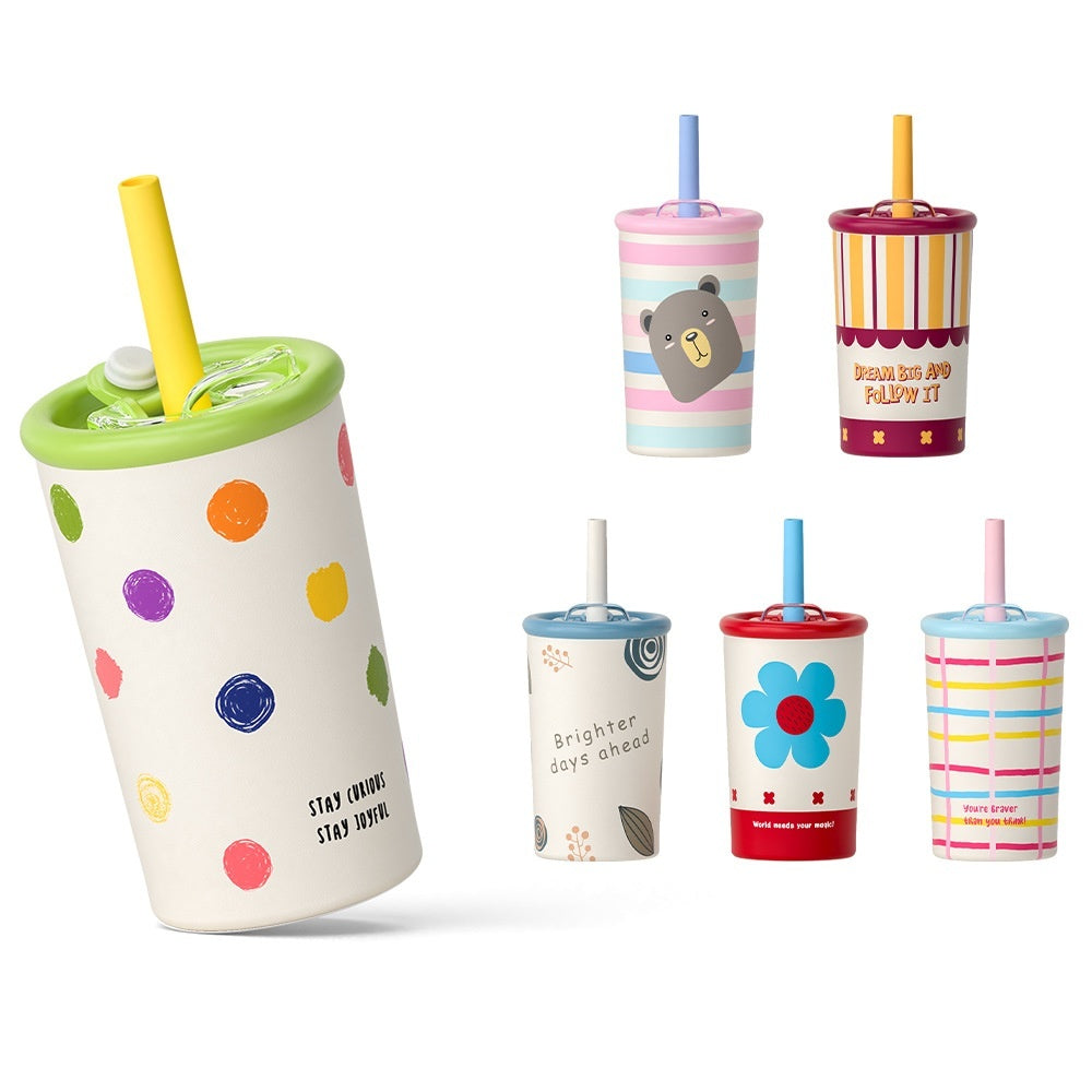 Set of kids leak-proof straw water bottles with colorful lids and patterned cups