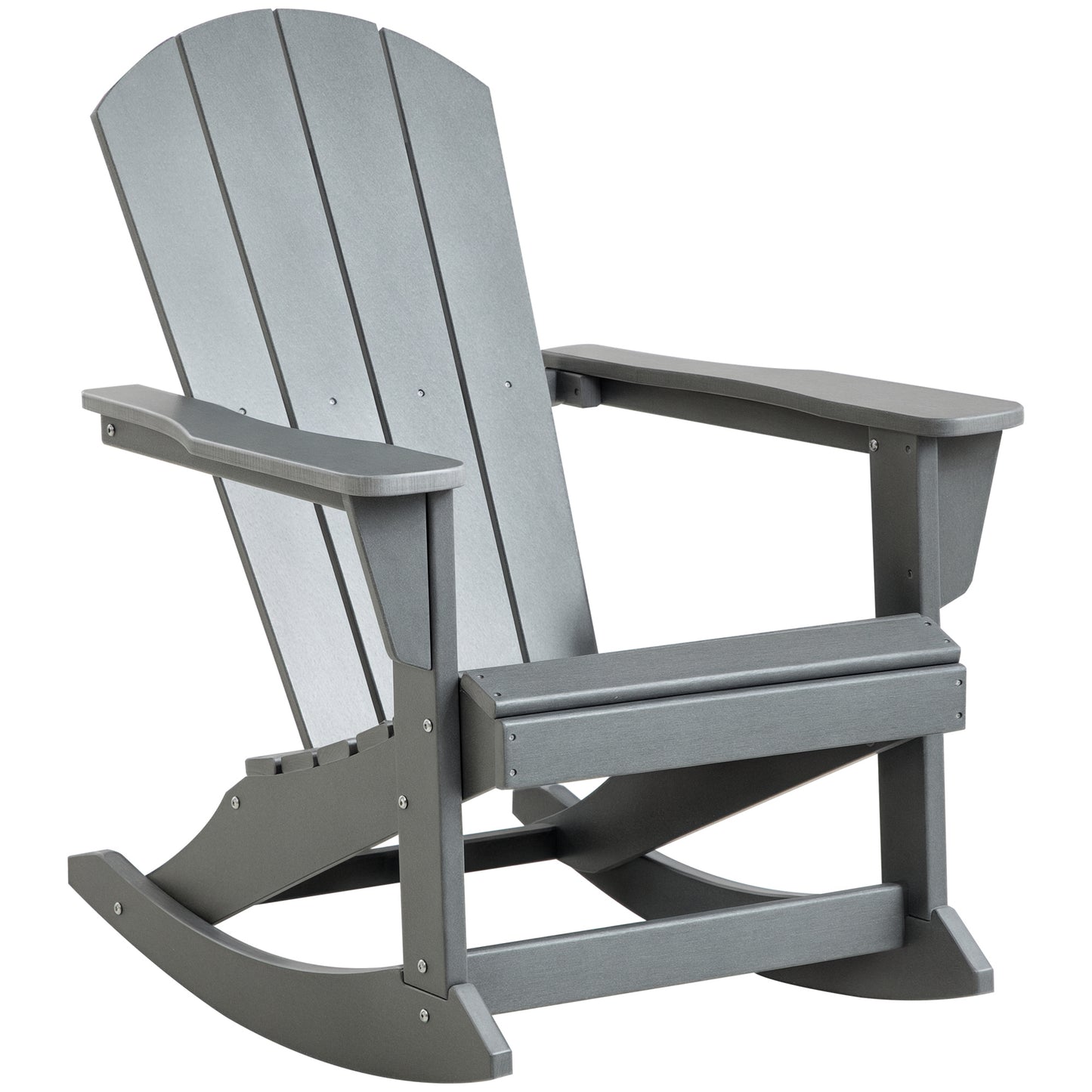 Light gray Adirondack rocking chair with wide arms and slatted backrest