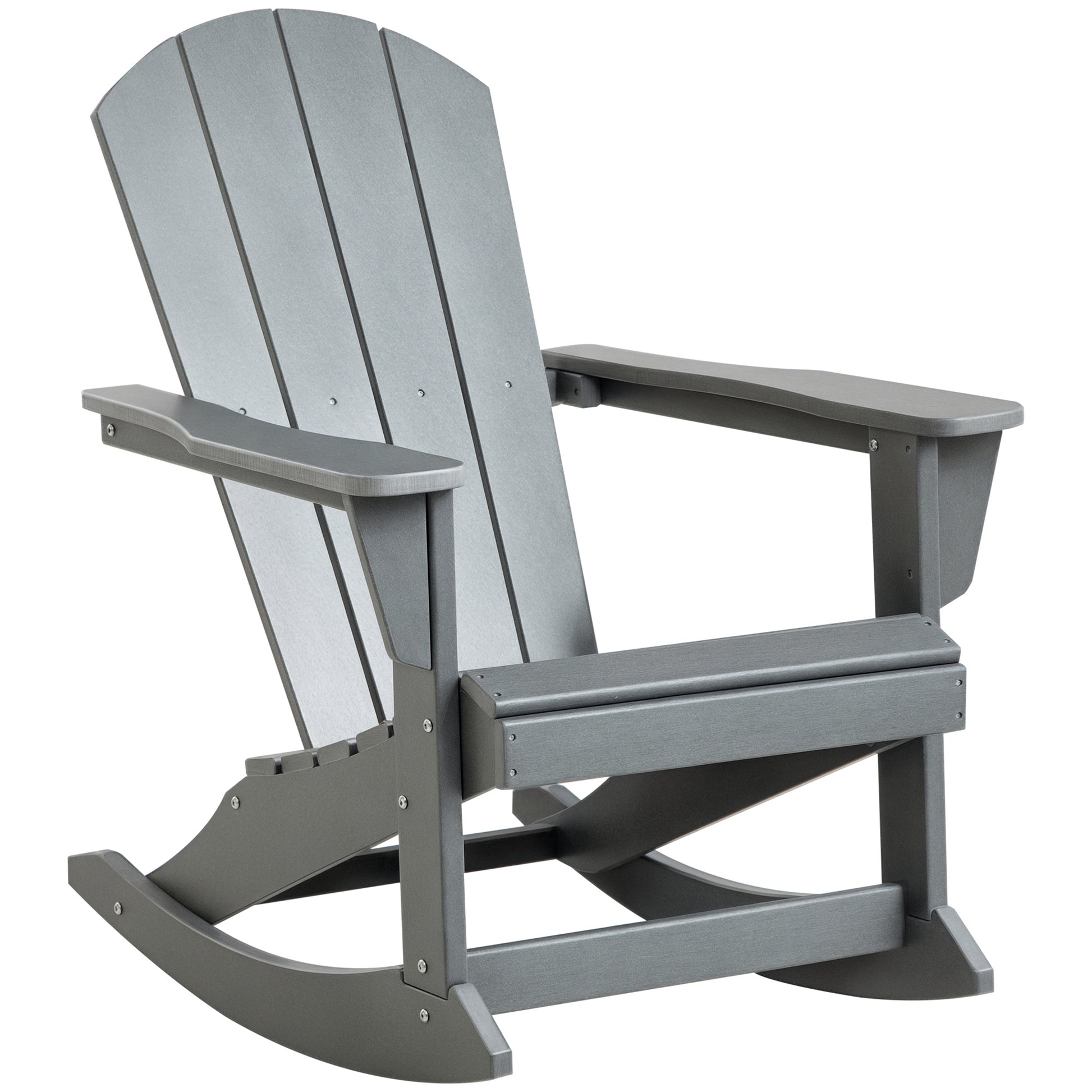 Light gray Adirondack rocking chair with wide arms and slatted backrest