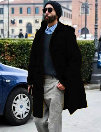 Men’s hooded wool trench coat in black with buttoned front, flap chest pockets, and hood.