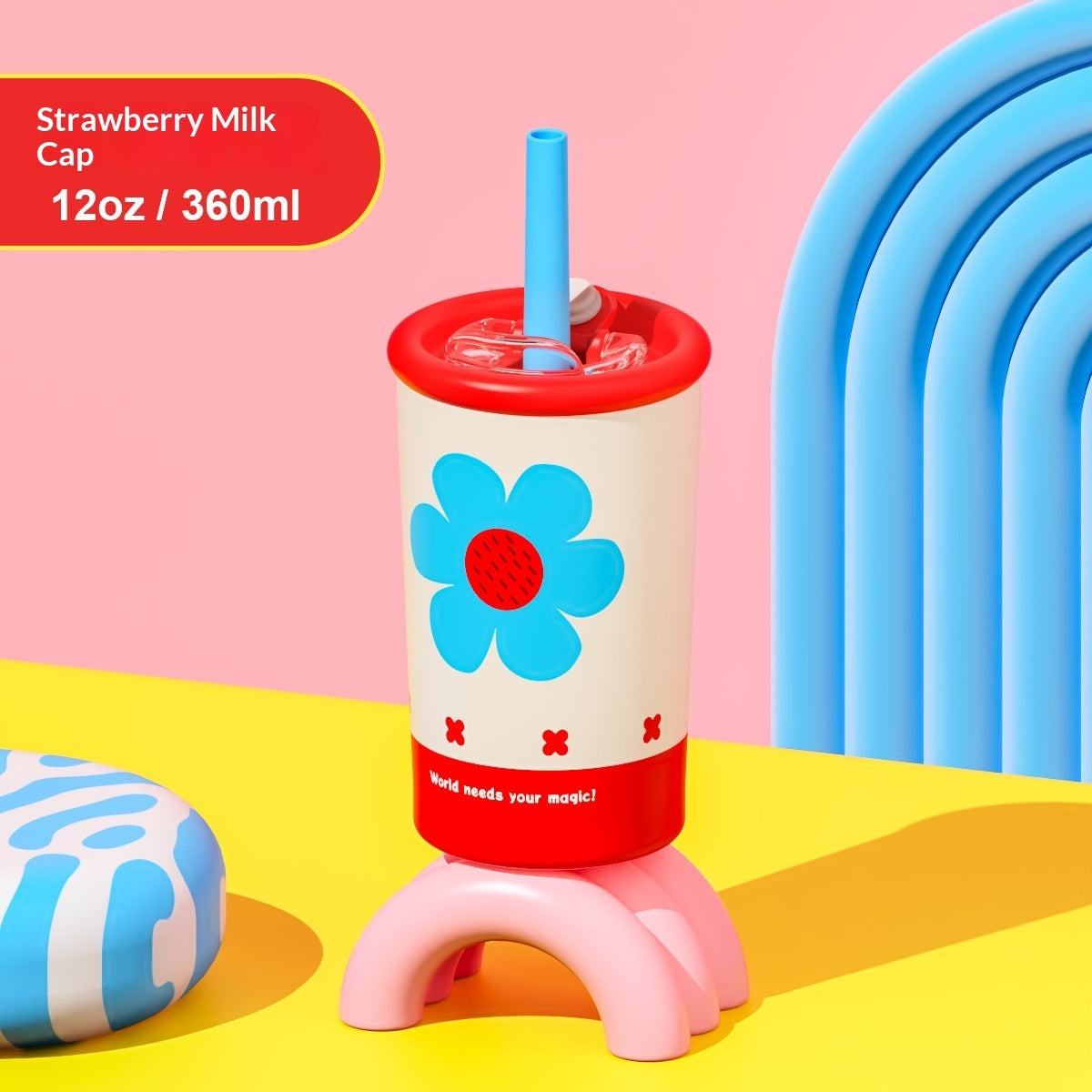 Kids leak-proof water bottle with strawberry flower print, blue straw, and 360ml