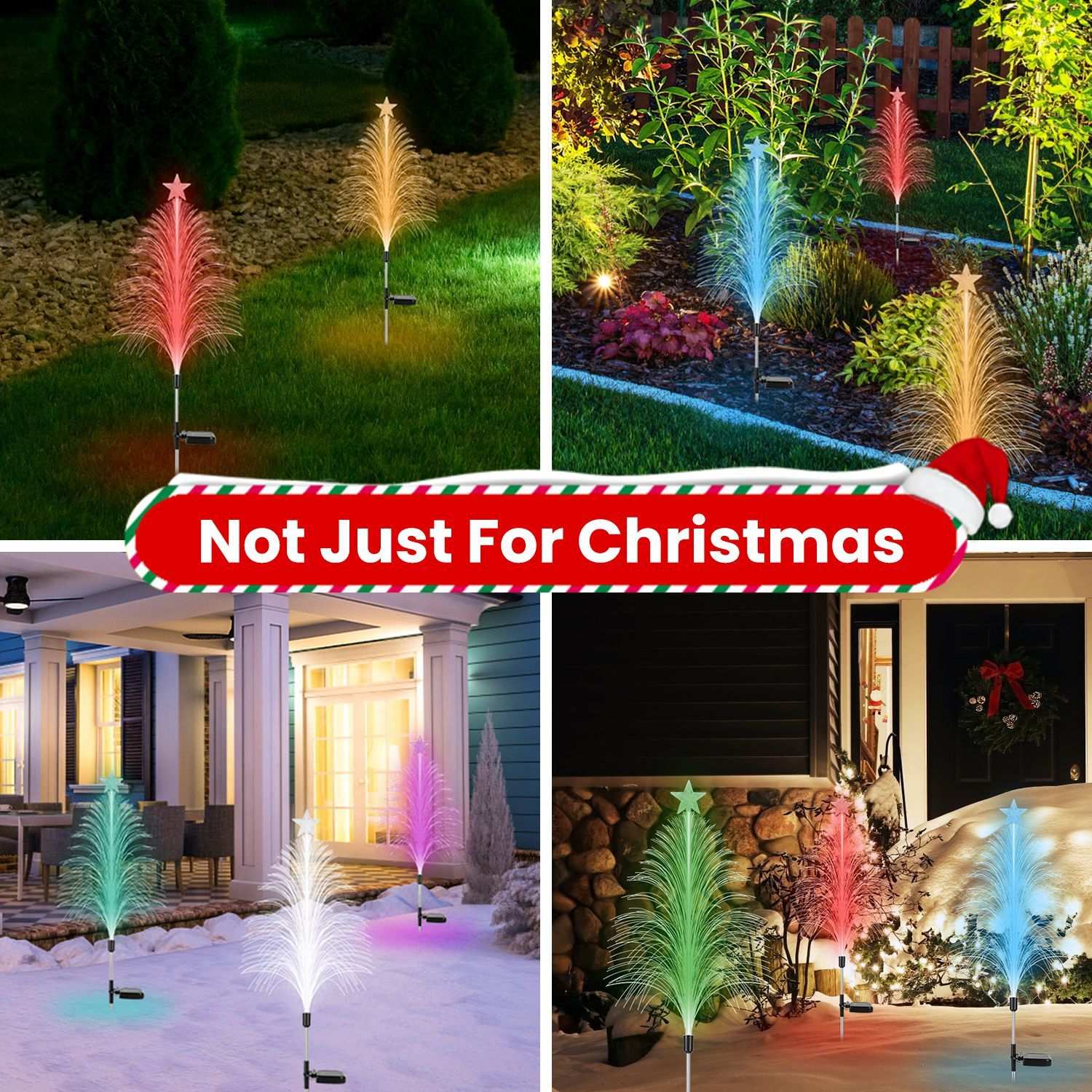 Garden lights in various outdoor settings with a 'Not Just For Christmas' text overlay.