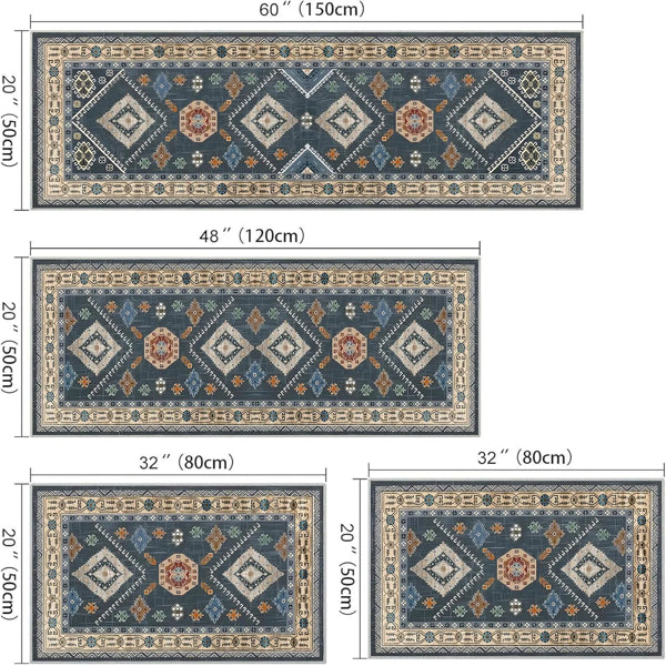 4-piece boho kitchen rug set with dark blue medallion and floral diamond border