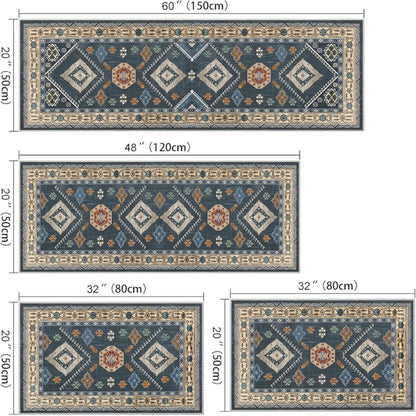 4-piece boho kitchen rug set with dark blue medallion and floral diamond border