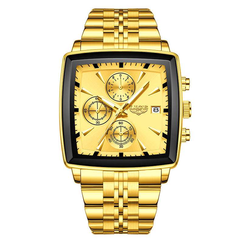 Square dial wristwatch with gold face and gold metal link bracelet