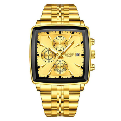 Square dial wristwatch with gold face and gold metal link bracelet